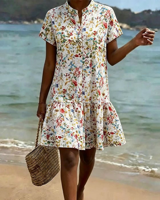 Floral Short-Sleeved Ruffle Hem Dress