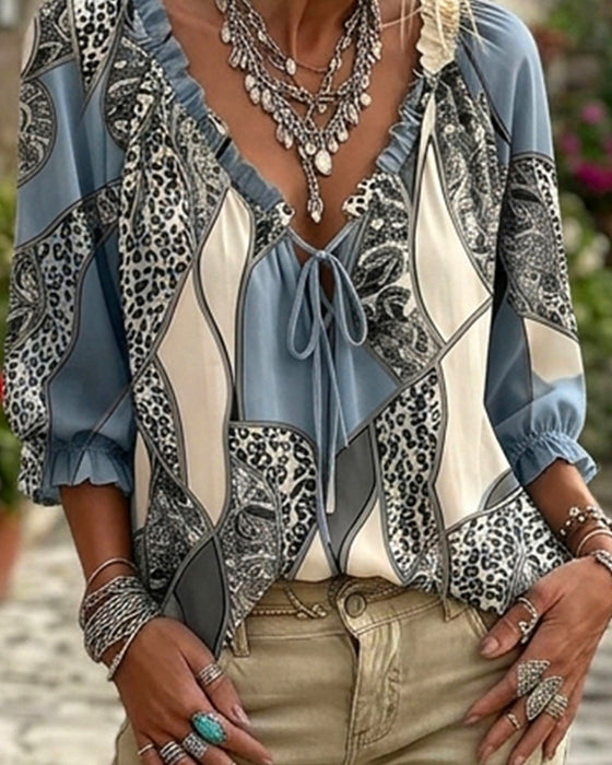 V-Neck Leopard Puff Sleeve Tie Blouse