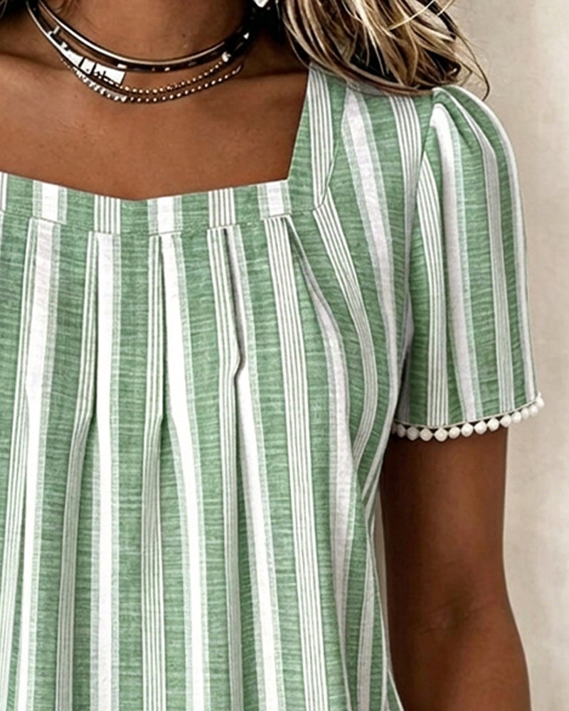Striped Square-Neck Short-Sleeve Blouse