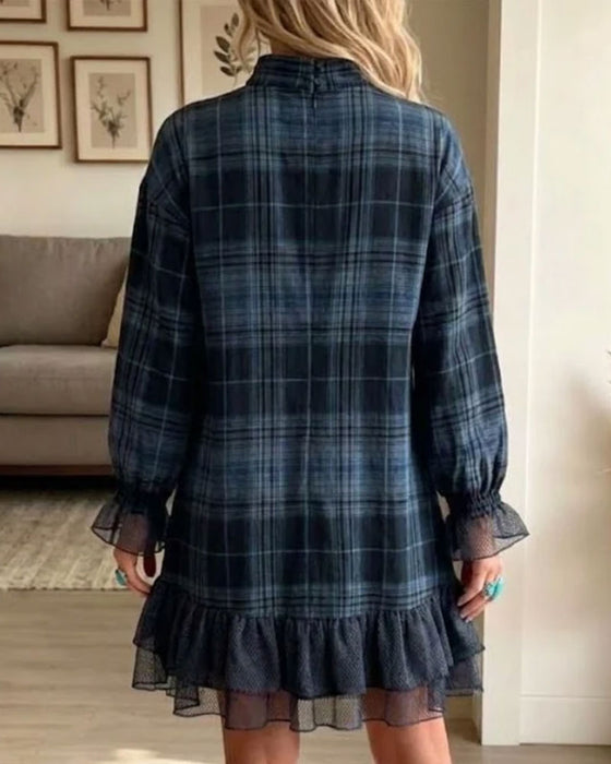 Plaid Half-Turtleneck Ruffle Dress
