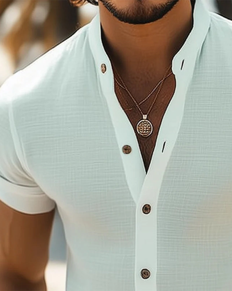 Stand Collar Full-Placket Short Sleeve Shirt