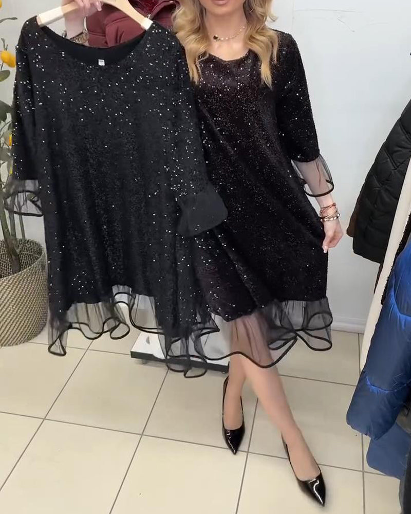 Flared Sleeve Sequined Fashion Dress