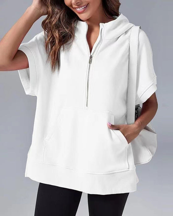 Short Sleeve Partial Zipper Hooded Sweatshirt