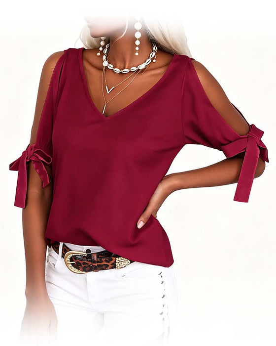 V-Neck Cold Shoulder Bowknot Solid Color Blouse