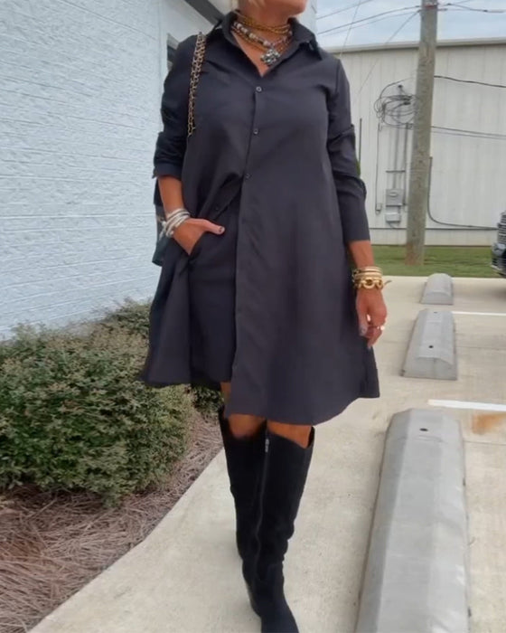 Solid color button casual shirt dress