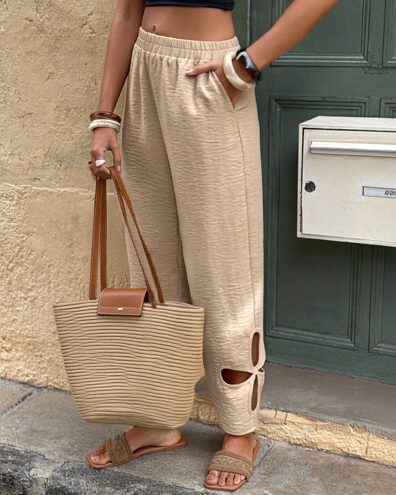 Textured Floral Pattern Cut-Out Hem Casual Pants