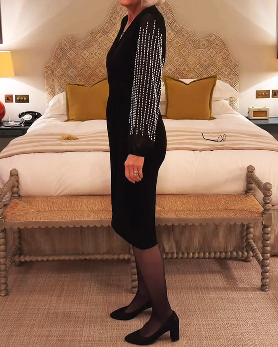 V-Neck Long Sleeve Fitted Waist Midi Dress