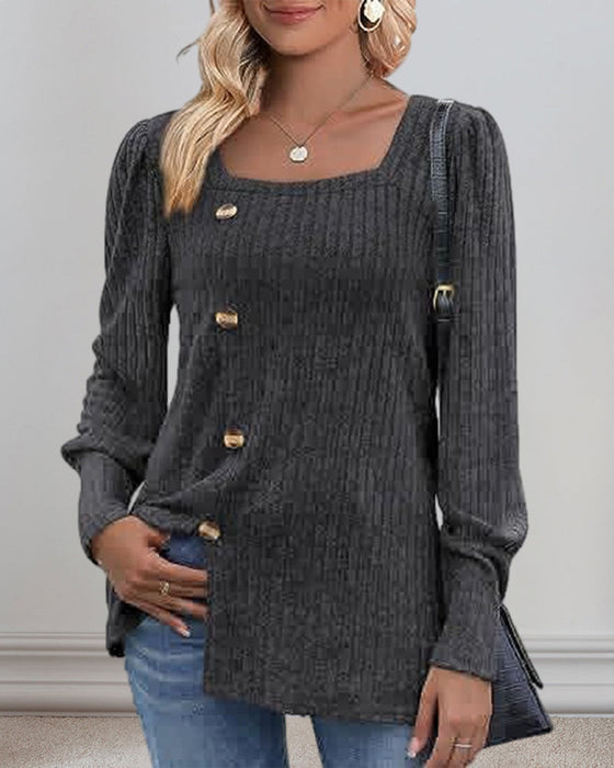 Button-Down Top with Square Neck and Puff Sleeve