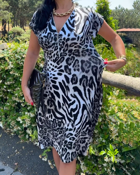 V-Neck Zip-Up Leopard Print Dress