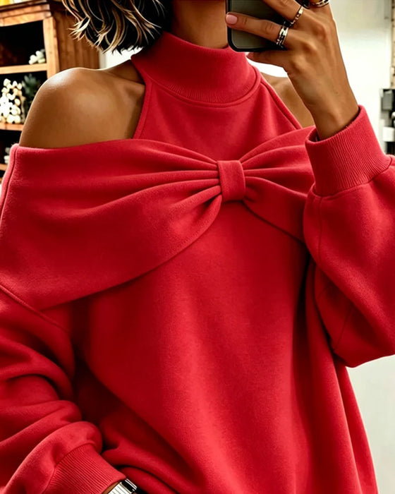 High Neck Off-Shoulder Bow Sweatshirt