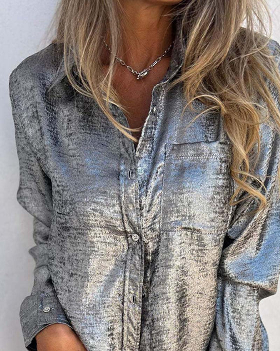 Long-Sleeve Fine Shimmer Pocket Button-Up Blouse