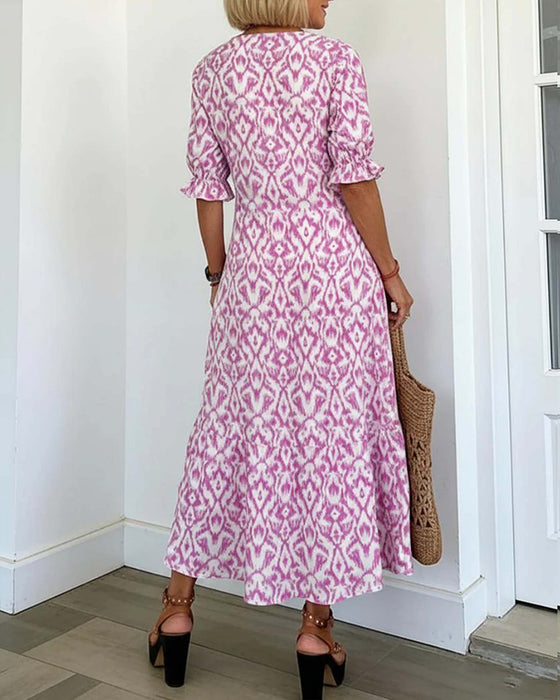 V-Neck Mid-Length Sleeve Ruffle A-Line Dress