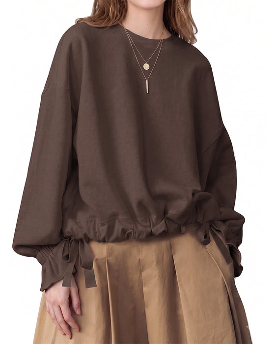 Crew-Neck Ruffle Tie Elastic Sweatshirt
