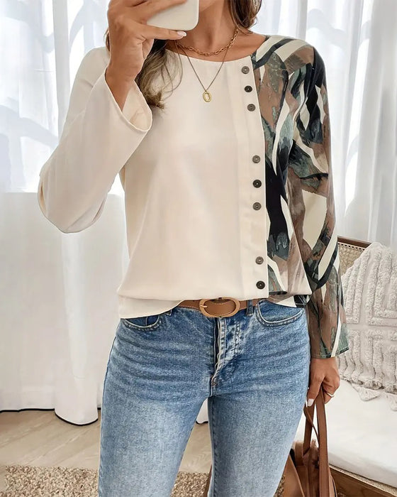 Patchwork Printed Crew Neck Top