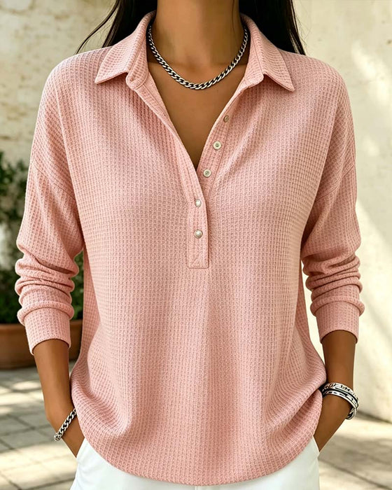 Waffle Lapel Long Sleeve Top