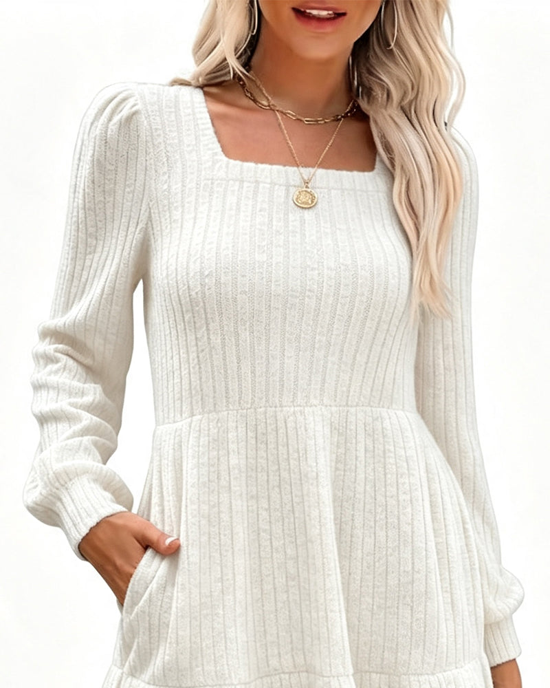 Square Neck Bubble Sleeve Ribbed Dress
