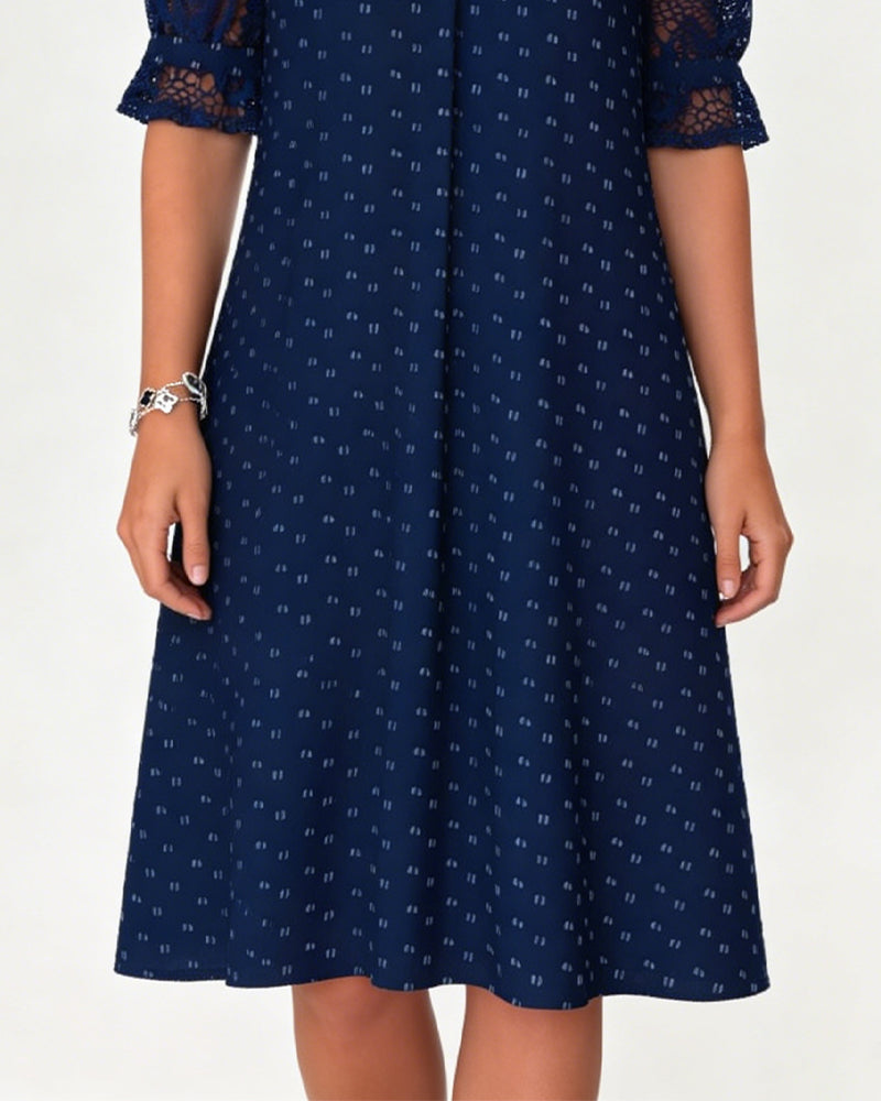 V-Neck Print Lace Patchwork A-Line Dress