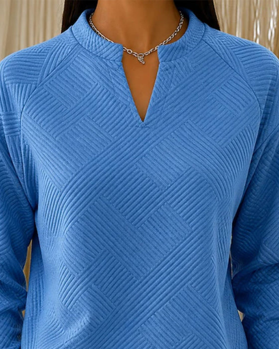 V-Neck Striped Raglan Solid Color Sweatshirt