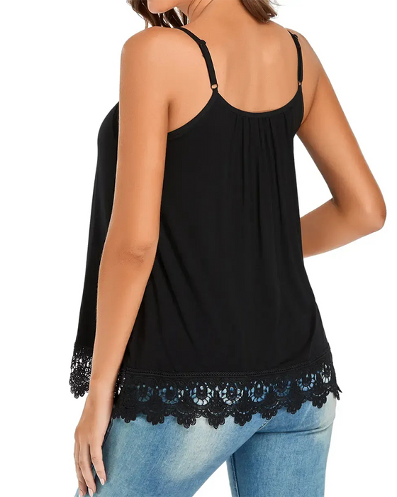 Spaghetti Strap Ruched Lace Patchwork Built-In Bra Cami Top