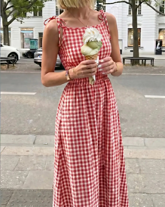 Lace-Up Plaid Suspender A-Line Dress