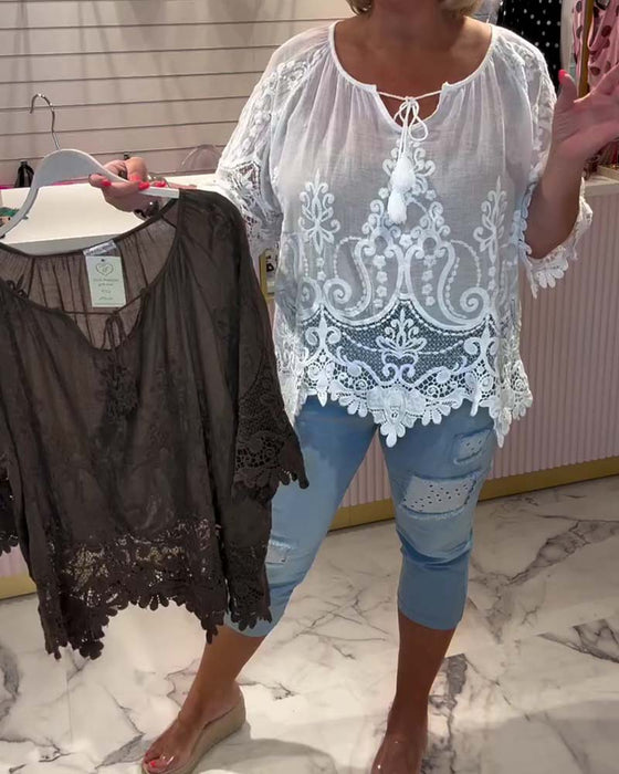 Lace-Up See-Through Lace Patchwork Blouse