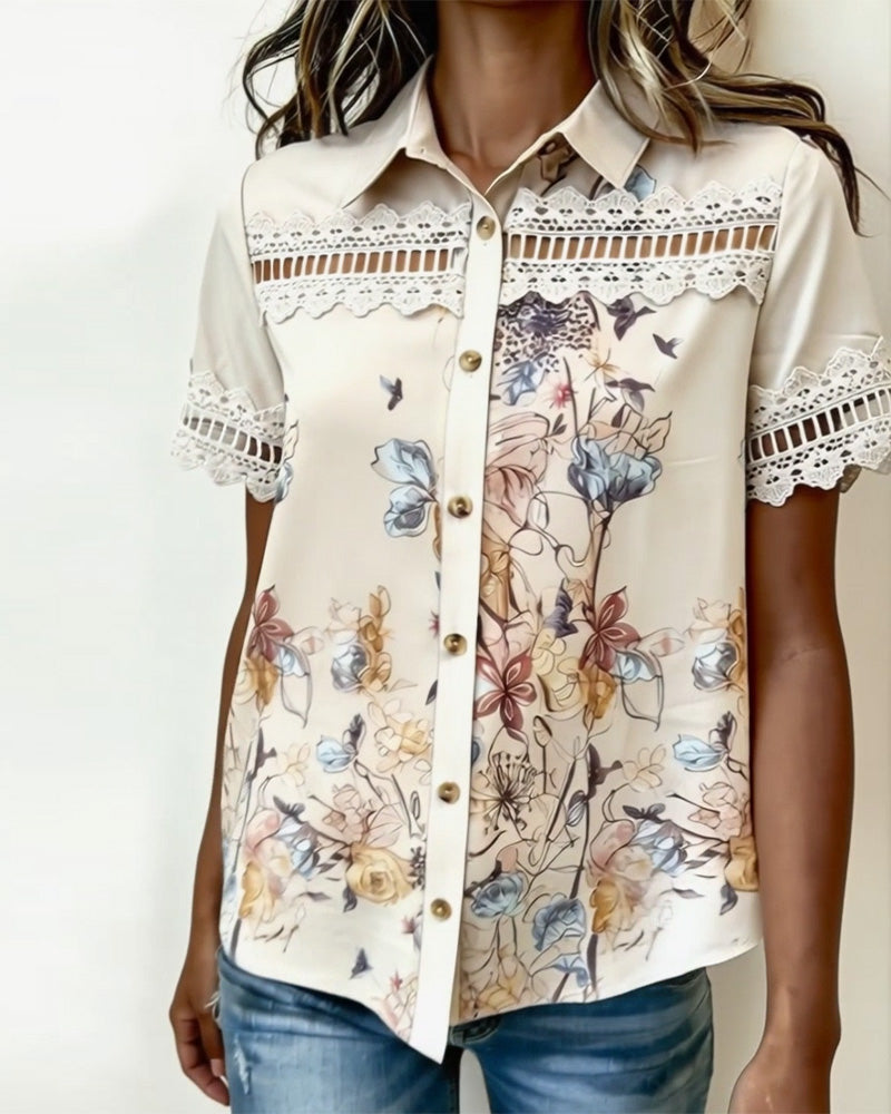 Floral Lace Patchwork Short Sleeve Shirt