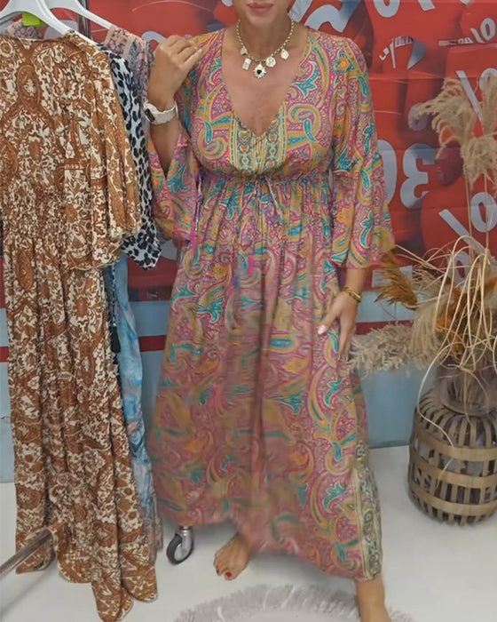 V-Neck Flare Sleeve Casual Dress