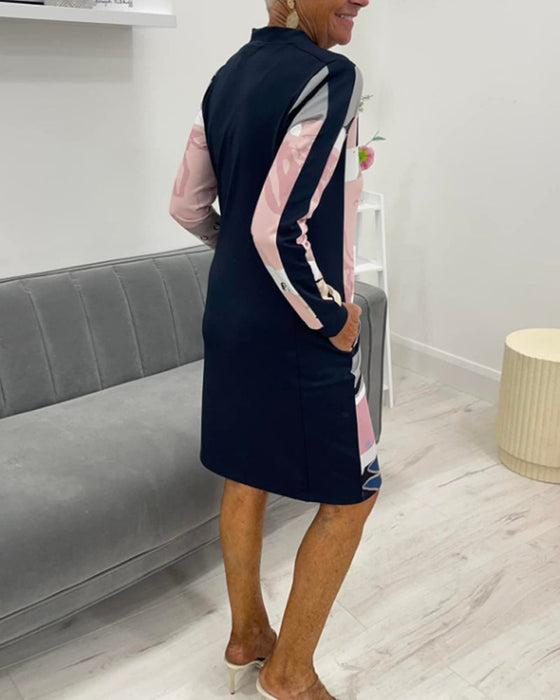 Zippered long sleeve pocket color block dress