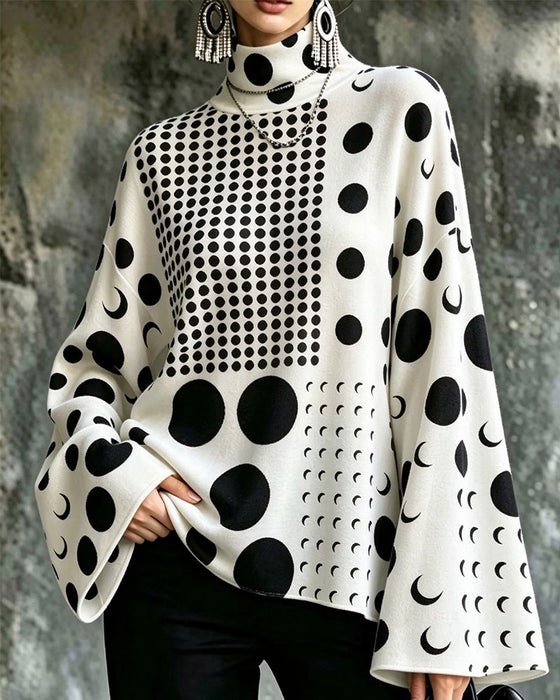 High Neck Polka Dot Flare Sleeve Top