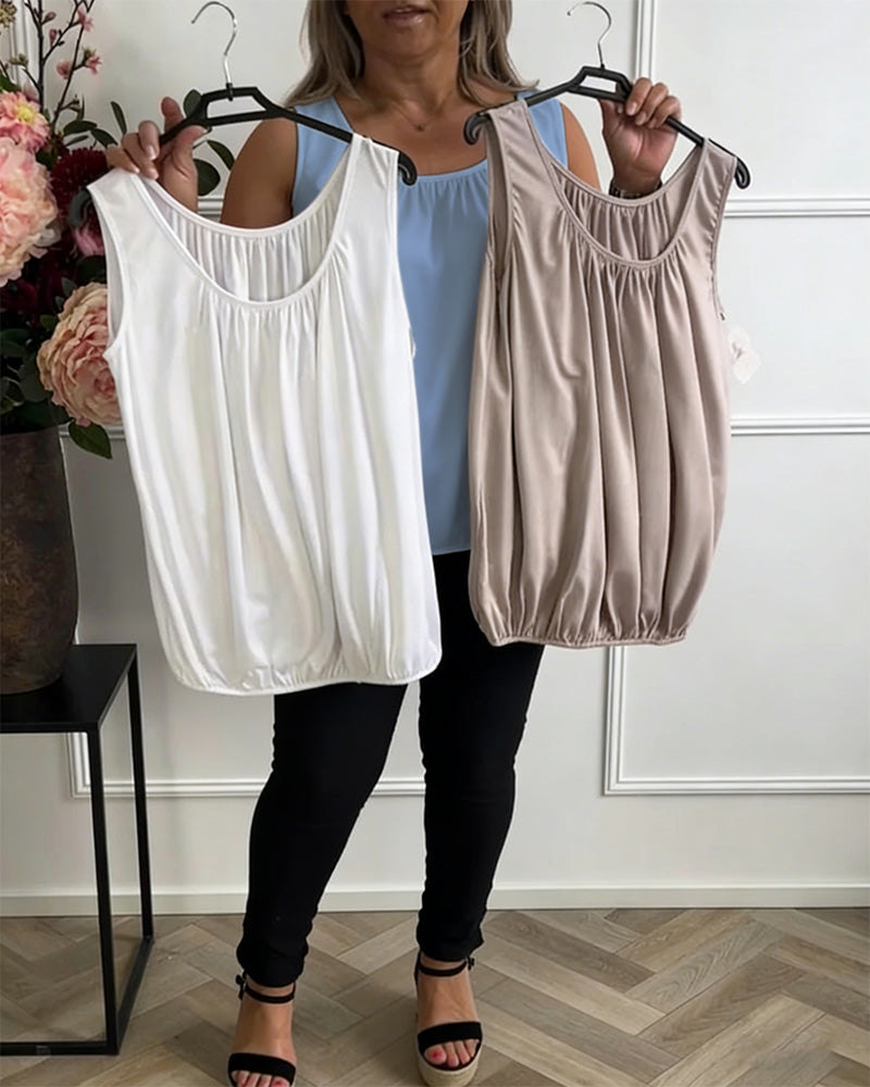 Sleeveless Solid Color Pleated Tank Top