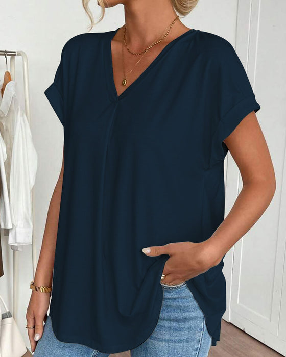 Short-Sleeved Solid Color Patchwork T-Shirt