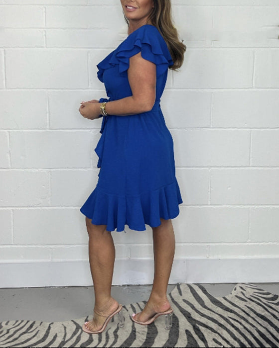Ruffled solid color V-neck dress