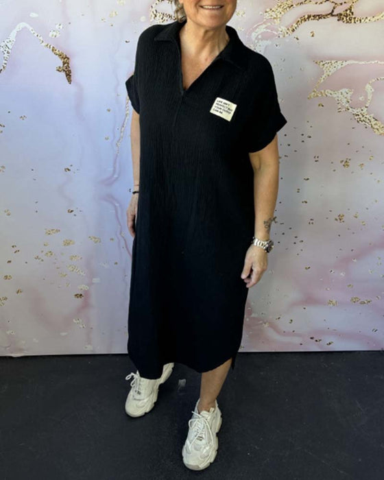 V-Neck Pleated Solid Color Long Dress