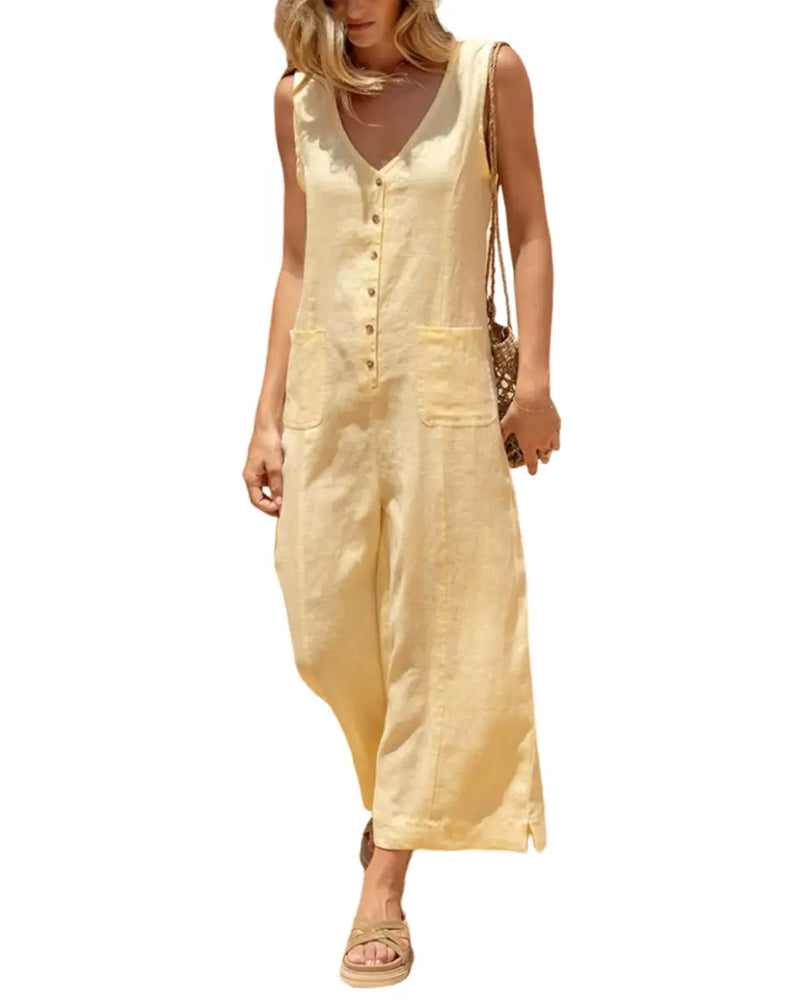 V-Neck Single-Breasted Sleeveless Jumpsuit