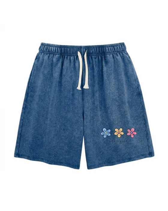 Flower Print Elastic Drawstring Shorts