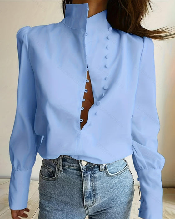 Stand Collar Button-Up Long-Sleeve Blouse