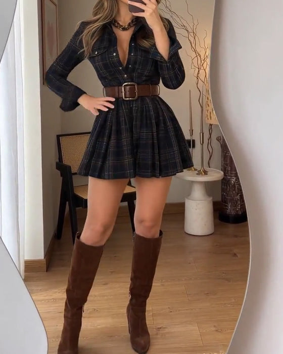 Lapel Button Plaid Shirt Dress