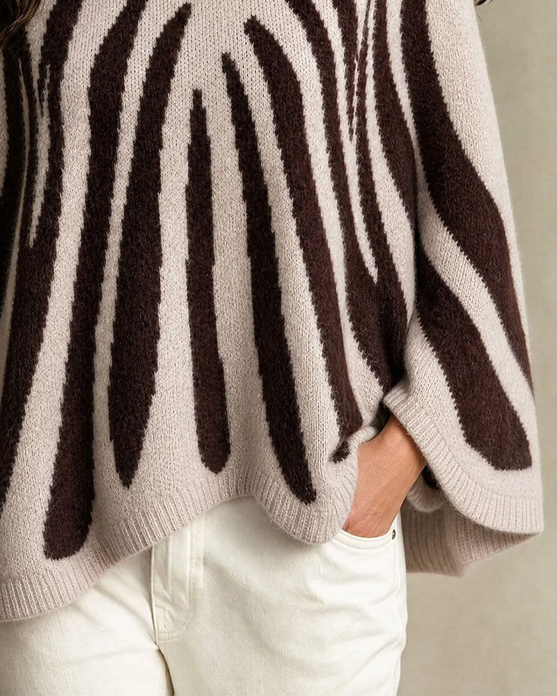 Turtleneck Button Striped Scalloped Pullover