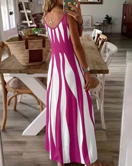 Striped Patchwork Suspender V-Neck Dress