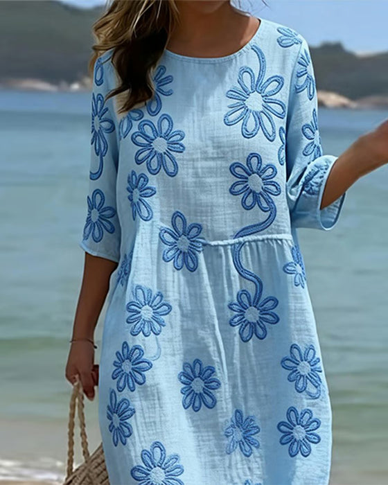 Round Neck Three Quarter Sleeve Dress