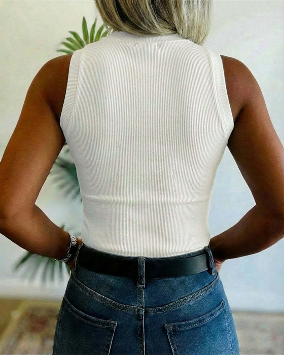 Solid Ribbed Rhinestone Fitted Tank Top