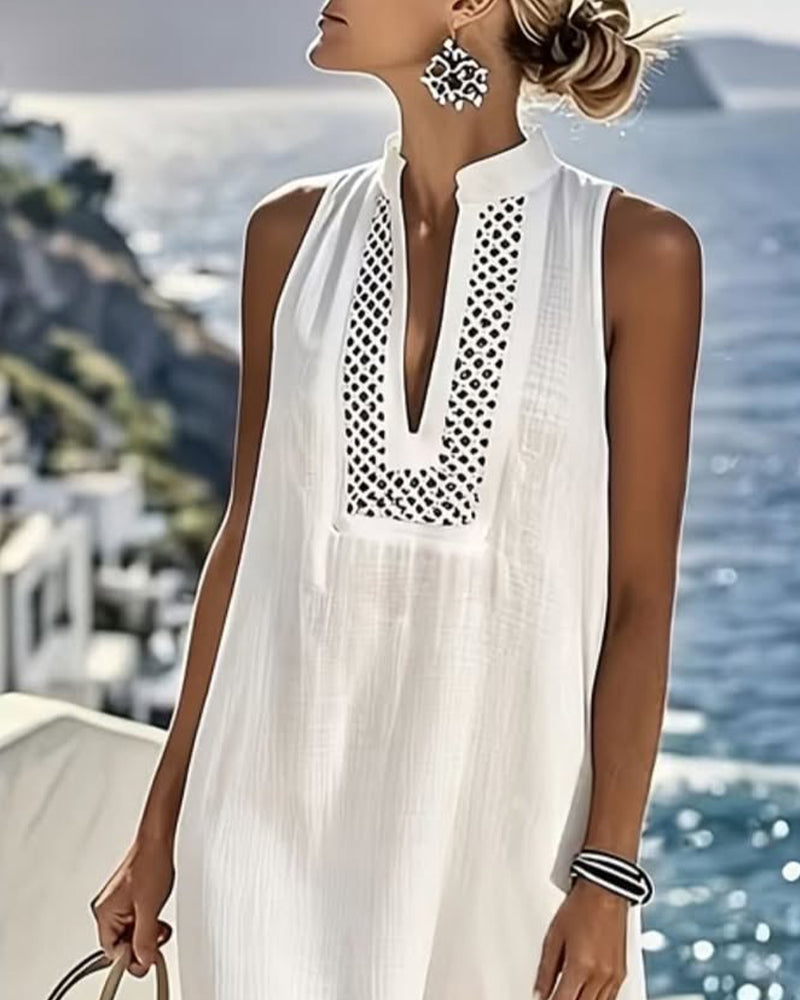 V-Neck Sleeveless Hollow Out Mesh Dress