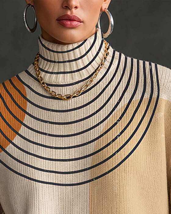 Geometric Line Color Block High Neck Pullover