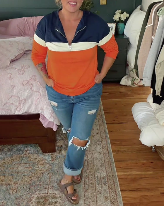 Zippered Stand-Collar Color-Blocked Long-Sleeved Sweatshirt