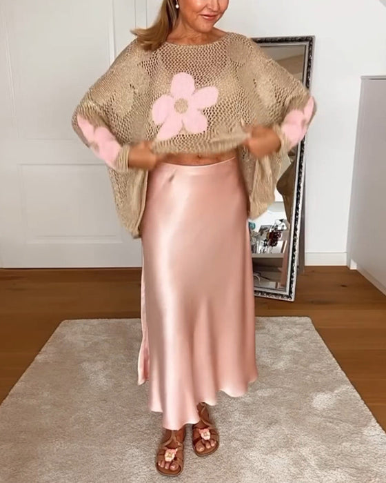 Casual floral round neck long sleeve hollow pullover