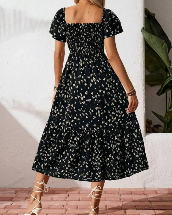 Flutter Sleeve Waist-Cinching Pleated A-Line Dress