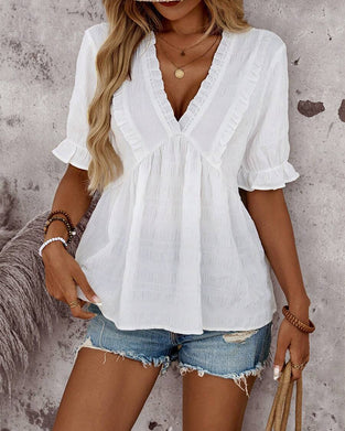 V-Neck Ruffle Solid Babydoll Blouse