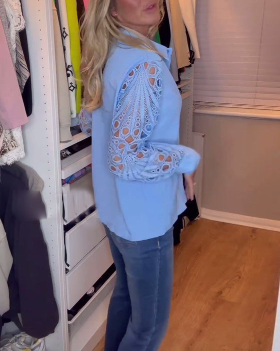 Lapel lace sleeve solid color shirt