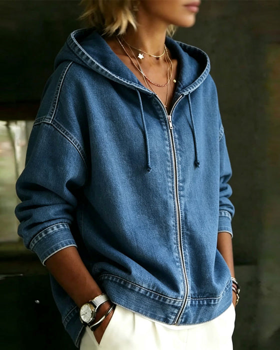 Hooded Dropped Sleeve Zippered Denim Coat