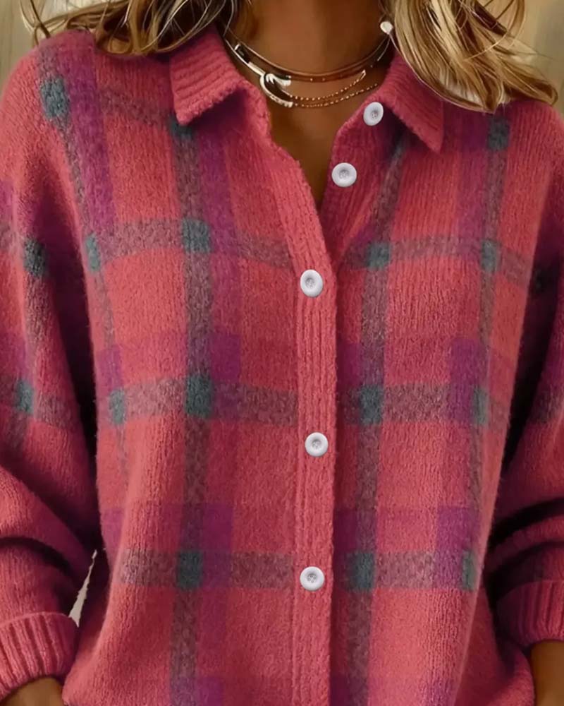 Plaid Shirt Collar Buttoned Cardigan